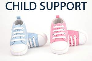Two pairs of baby sneakers in pink and blue with child support in navy text to the left of them