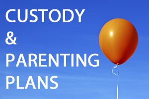 An orange balloon in front of a blue sky. With custody and parenting plans written in white text to the left of the balloon.