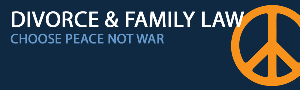 An orange peace sign on a navy blue background, with white text stating divorce and family law and underneath saying choose peace not war in light blue text