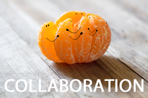 A peeled orange with the individual slices hugging each other, with collaboration in white text underneath them.