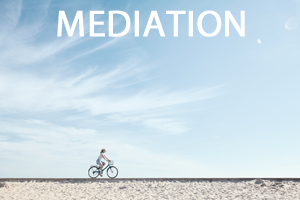 A women riding a bike on a boardwalk above the sand in front of a blue sky. With mediation in white text above her.