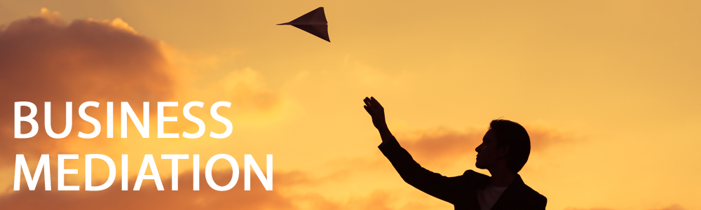 A silhouette of a man flying a paper airplane in front of a yellow sunset with white text saying business mediation beside him