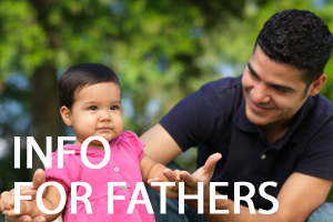 A man and his toddler daughter with a blurred woodland background, it says Information for fathers in white text.