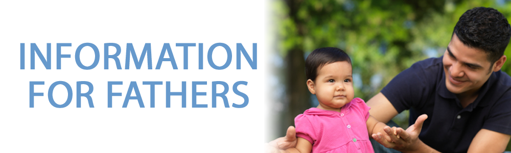 A man and his toddler daughter with a blurred woodland background, and on the other side on a white background it says Information for fathers in light blue text.