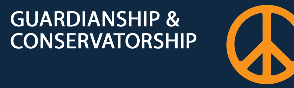 An orange peace sign on a navy blue background with white text stating guardianship and conservatorship