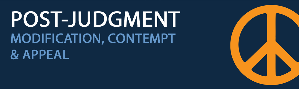 An orange peace sign on a navy blue background with white text stating post judgement and light blue text stating modification, contempt, and appeal
