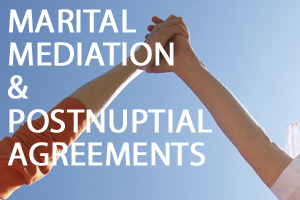 Two people holding their arms towards the sky, with martial mediation and postnuptial agreements written in front of them in white text.