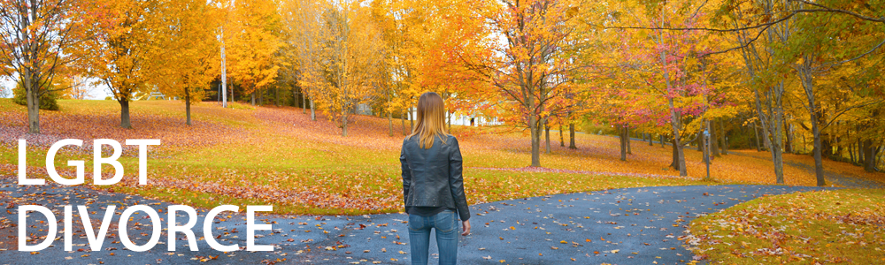 A women walking on a path in an autumnal park. With LGBT divorce written in white text in the lower left corner.